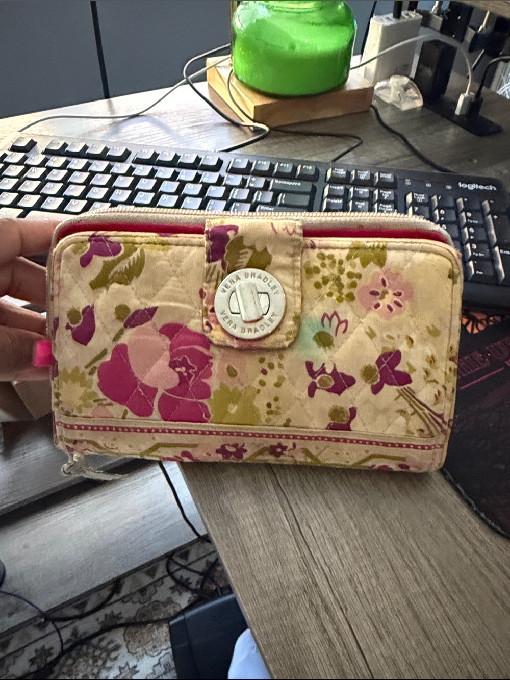 Vera Bradley Quilted Floral Zip Wallet in Cream, Pink & Green